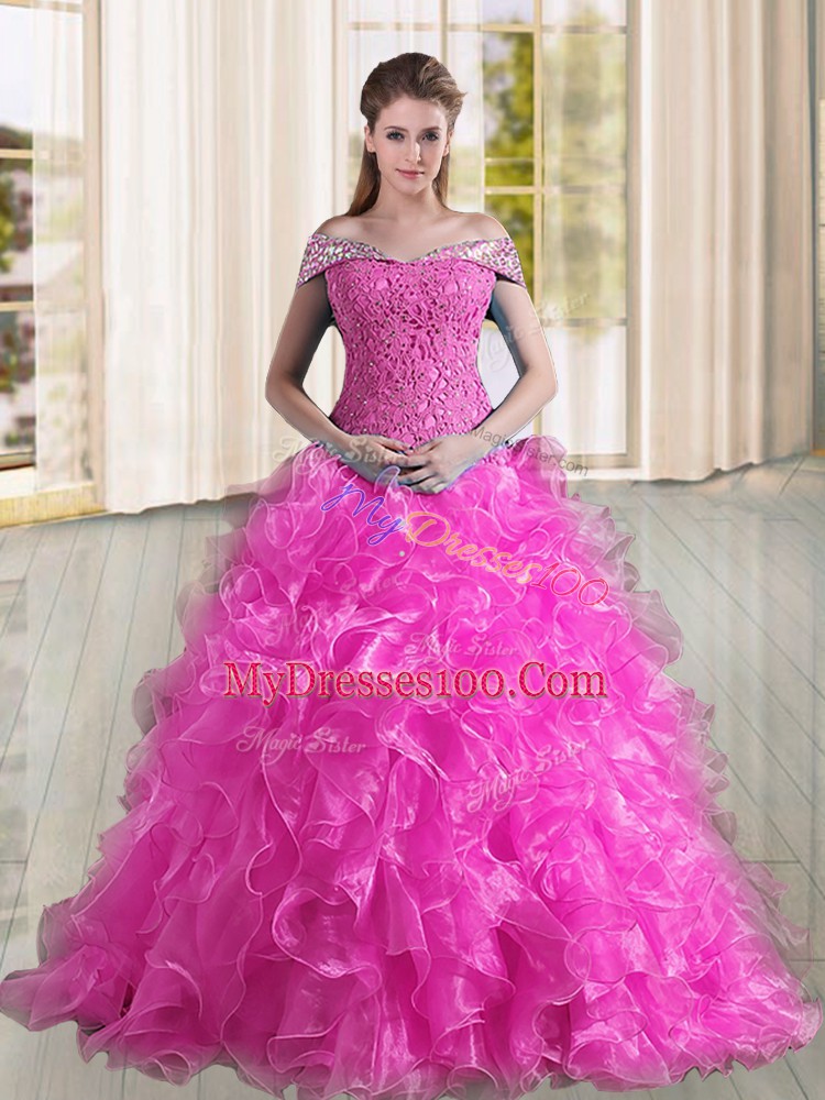 Edgy Sleeveless Sweep Train Beading and Lace and Ruffles Lace Up Quinceanera Gowns