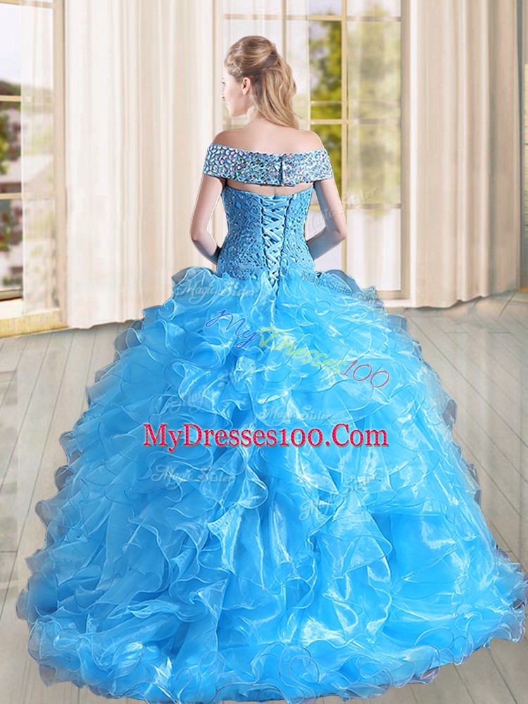 Edgy Sleeveless Sweep Train Beading and Lace and Ruffles Lace Up Quinceanera Gowns