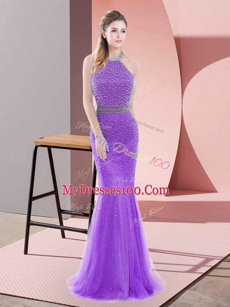 Customized Tulle Sleeveless Prom Dress Sweep Train and Beading
