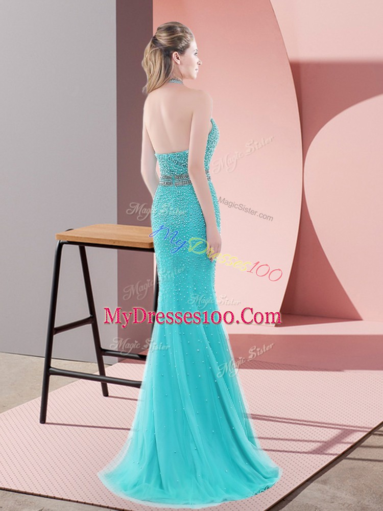Customized Tulle Sleeveless Prom Dress Sweep Train and Beading