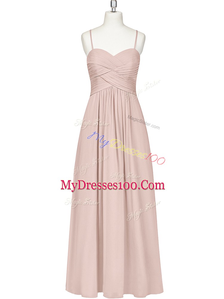 Gorgeous Spaghetti Straps Sleeveless Prom Party Dress Floor Length Ruching Baby Pink Chiffon