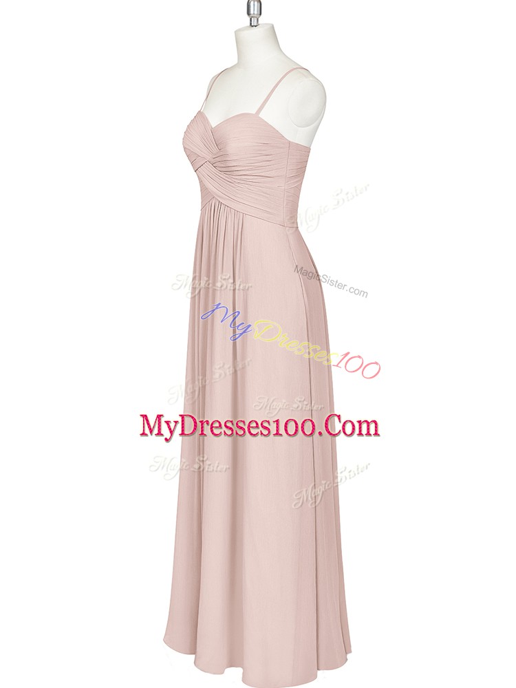 Gorgeous Spaghetti Straps Sleeveless Prom Party Dress Floor Length Ruching Baby Pink Chiffon