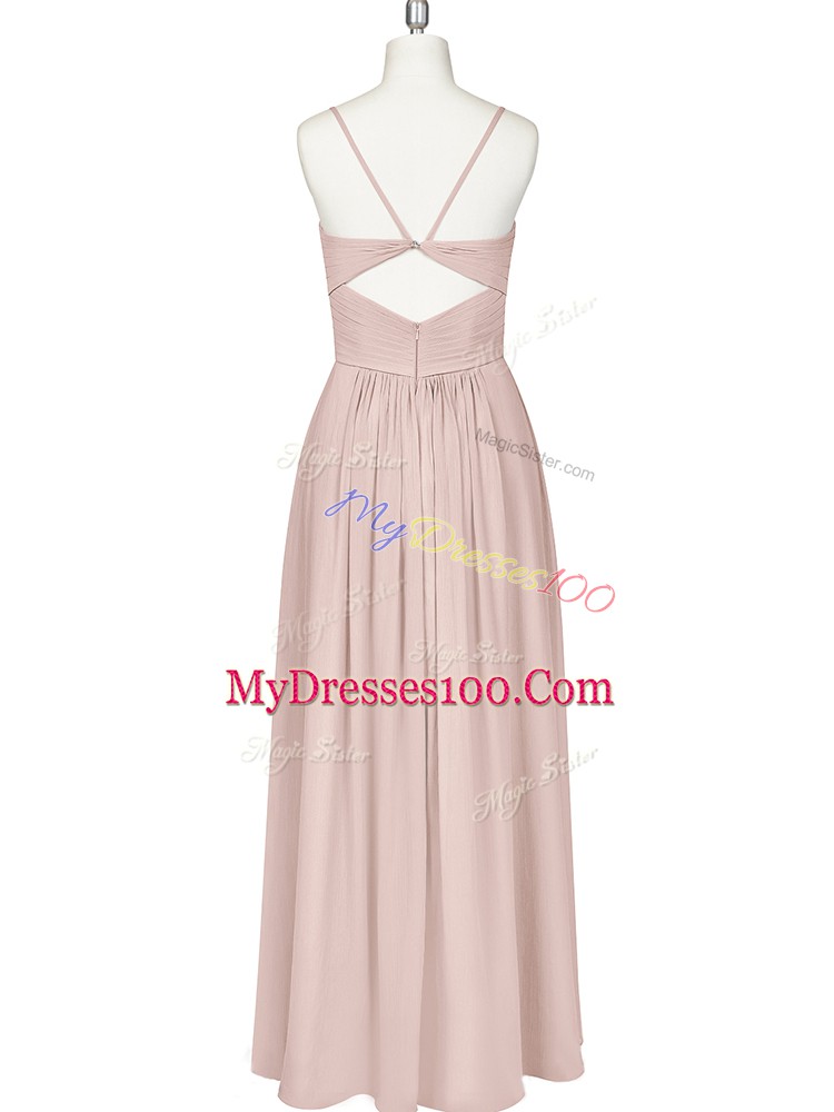 Gorgeous Spaghetti Straps Sleeveless Prom Party Dress Floor Length Ruching Baby Pink Chiffon