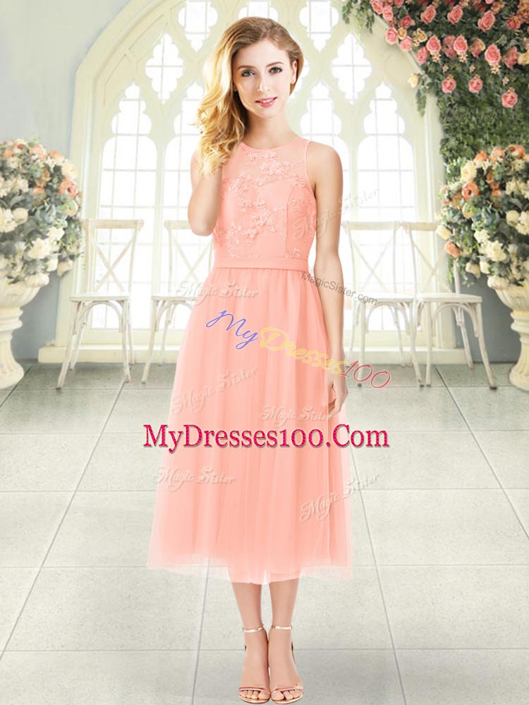 Sleeveless Chiffon Tea Length Zipper Prom Gown in Peach with Lace