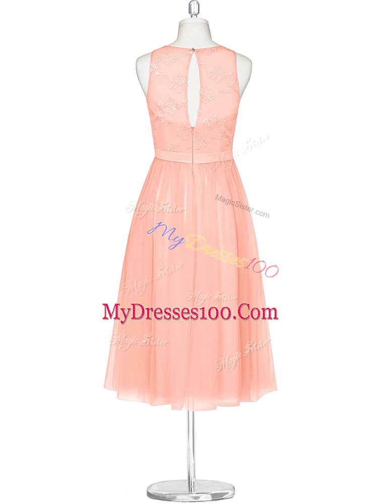 Sleeveless Chiffon Tea Length Zipper Prom Gown in Peach with Lace
