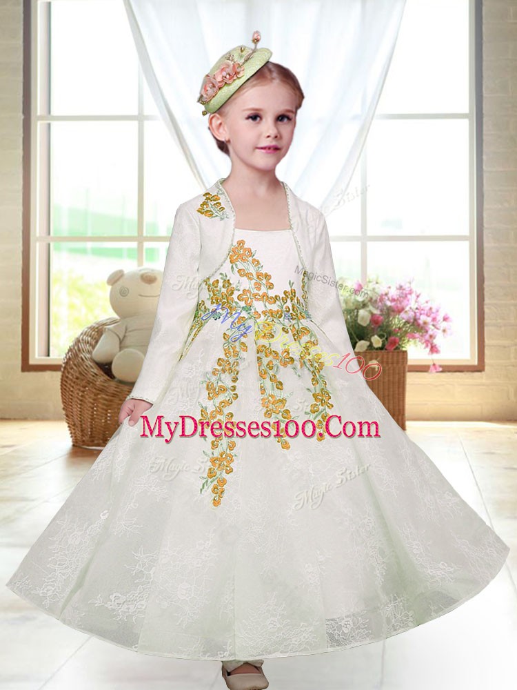 Fashion White Zipper Straps Embroidery Flower Girl Dresses for Less Lace Sleeveless