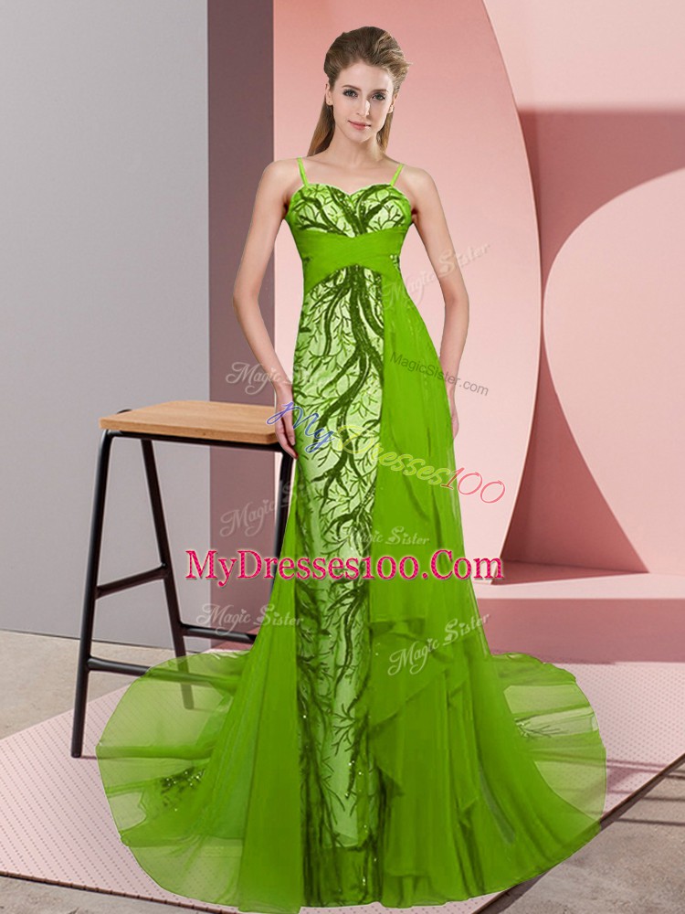 Dazzling Beading and Lace Evening Dress Green Zipper Sleeveless Sweep Train
