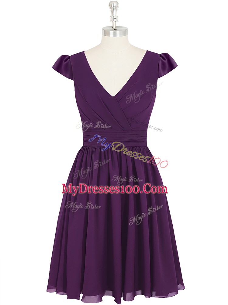 Latest Cap Sleeves Mini Length Ruching Zipper Prom Evening Gown with Purple
