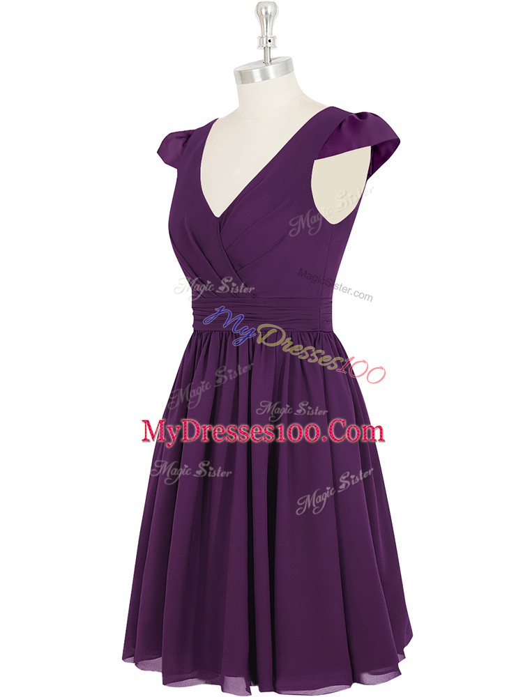 Latest Cap Sleeves Mini Length Ruching Zipper Prom Evening Gown with Purple