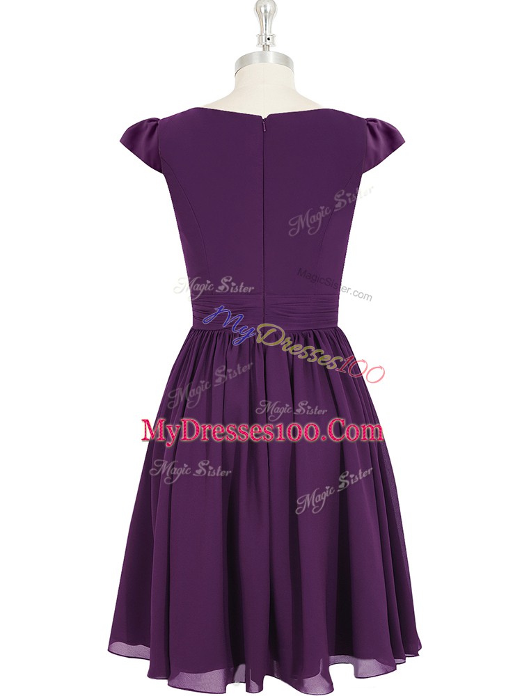 Latest Cap Sleeves Mini Length Ruching Zipper Prom Evening Gown with Purple