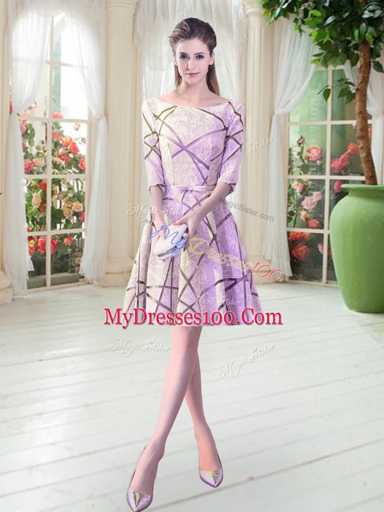 Lilac A-line Ruching Prom Dresses Lace Up Half Sleeves Knee Length