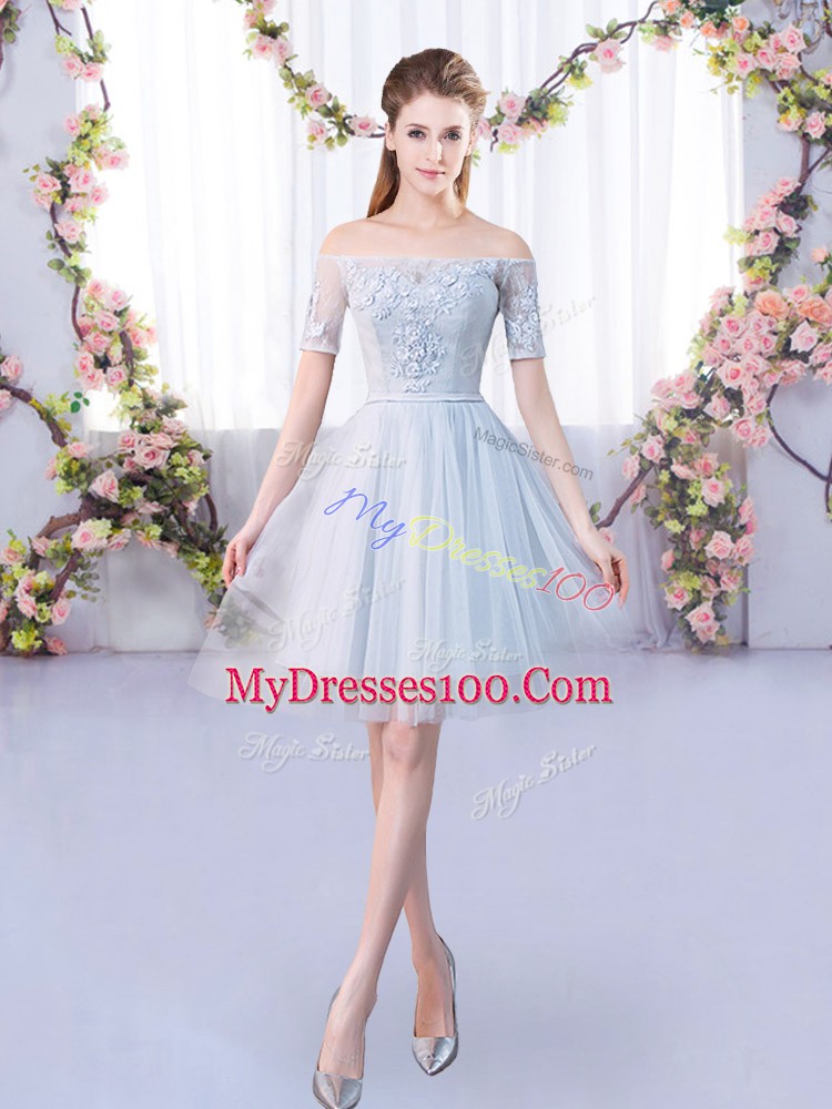 Flirting Grey Short Sleeves Tulle Lace Up Bridesmaid Dresses for Prom and Party and Wedding Party