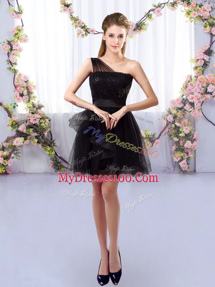 Amazing Black Sleeveless Mini Length Lace Side Zipper Damas Dress