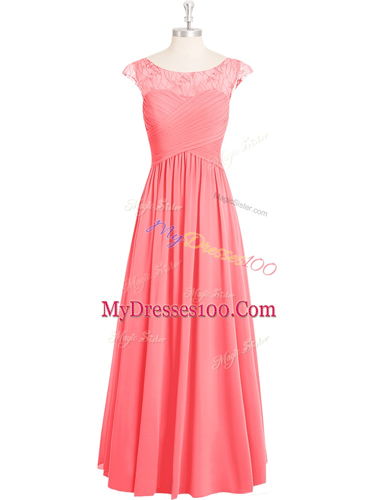 Flare Pink A-line Chiffon Scoop Cap Sleeves Lace Floor Length Zipper