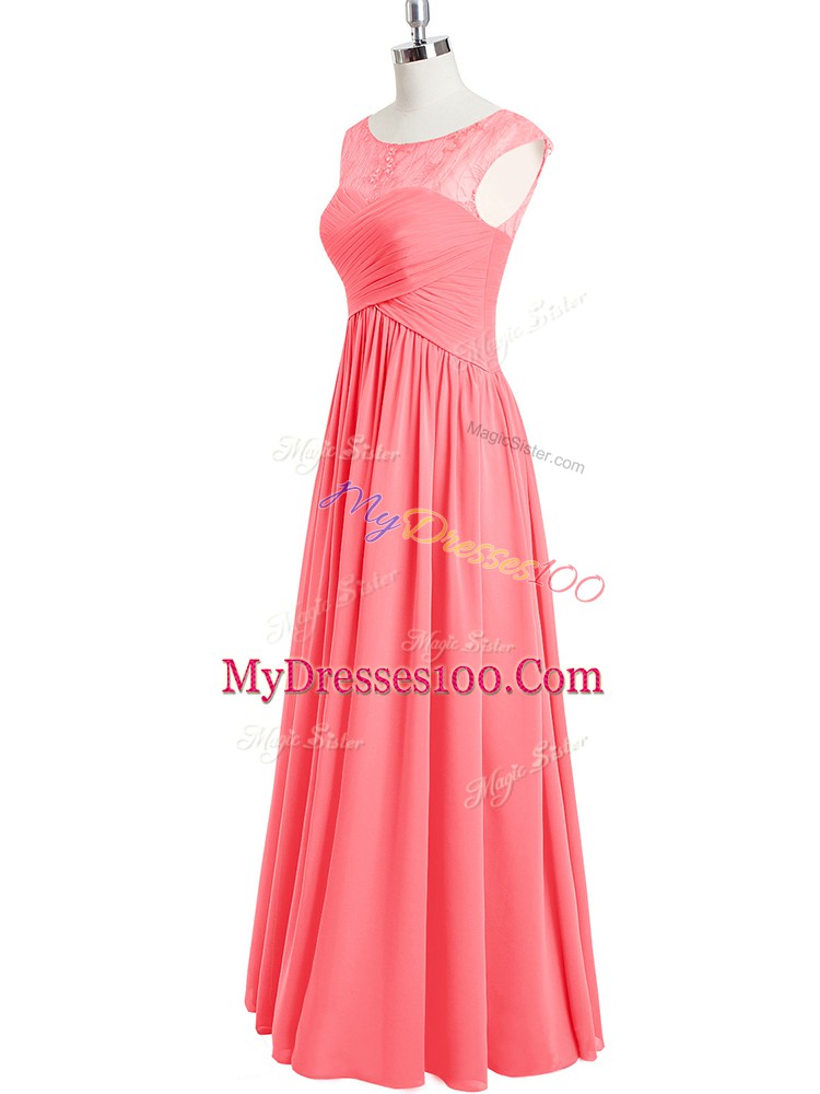 Flare Pink A-line Chiffon Scoop Cap Sleeves Lace Floor Length Zipper