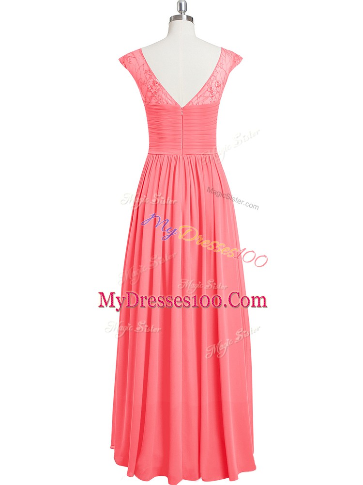 Flare Pink A-line Chiffon Scoop Cap Sleeves Lace Floor Length Zipper