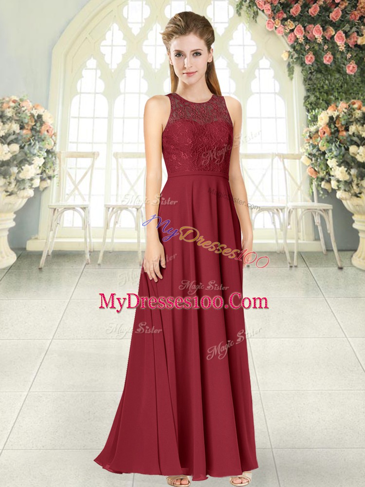 Great Burgundy Empire Chiffon Scoop Sleeveless Lace Floor Length Backless Prom Evening Gown