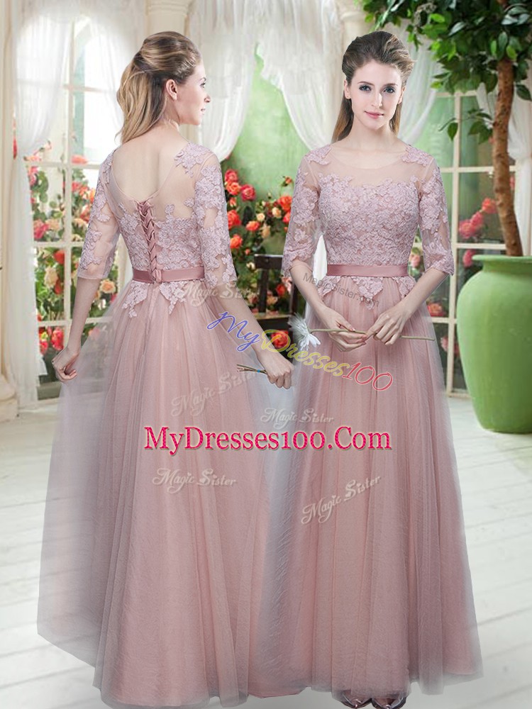 Lovely Half Sleeves Floor Length Lace Lace Up Evening Dress with Pink