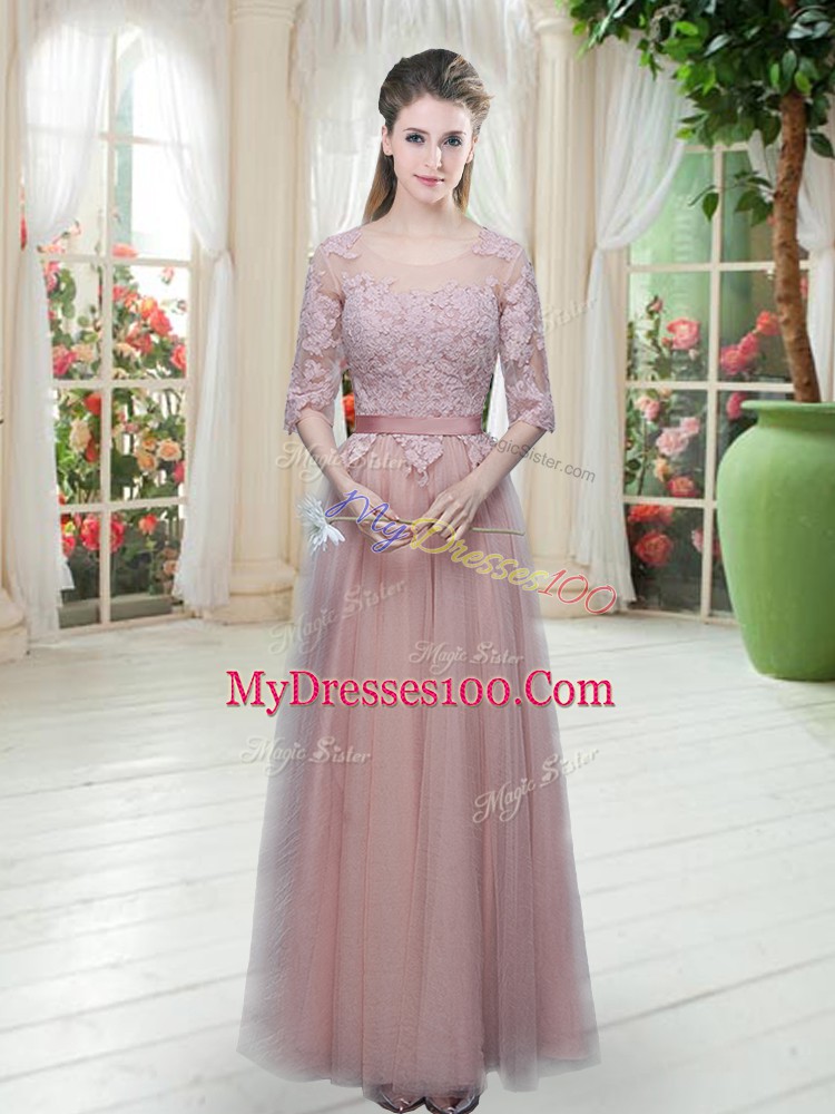 Lovely Half Sleeves Floor Length Lace Lace Up Evening Dress with Pink