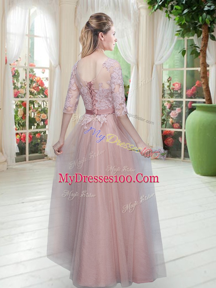 Lovely Half Sleeves Floor Length Lace Lace Up Evening Dress with Pink