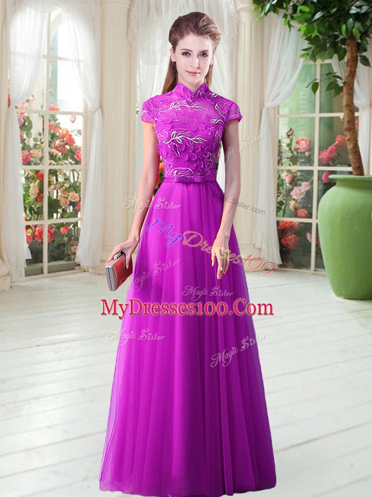 Fine Purple Lace Up High-neck Appliques and Belt Homecoming Dress Tulle Cap Sleeves