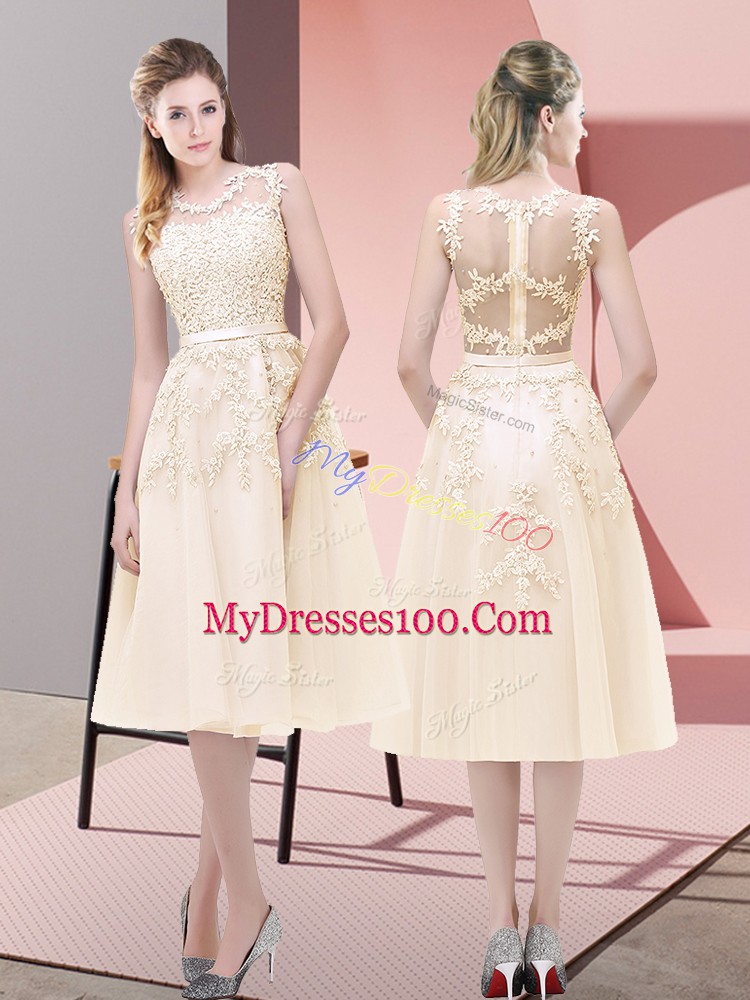 Scoop Sleeveless Zipper Beading and Lace Prom Party Dress in Champagne