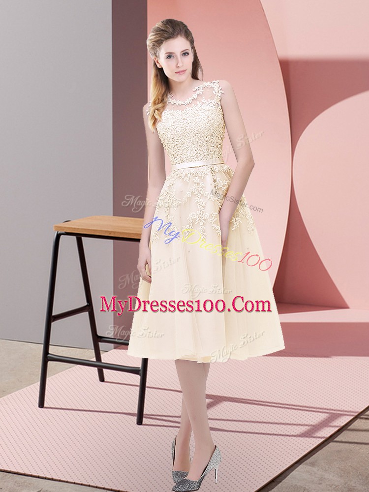 Scoop Sleeveless Zipper Beading and Lace Prom Party Dress in Champagne