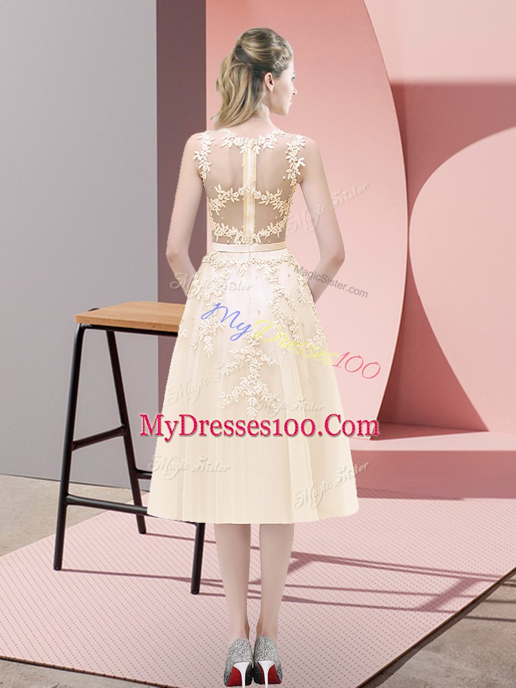 Scoop Sleeveless Zipper Beading and Lace Prom Party Dress in Champagne