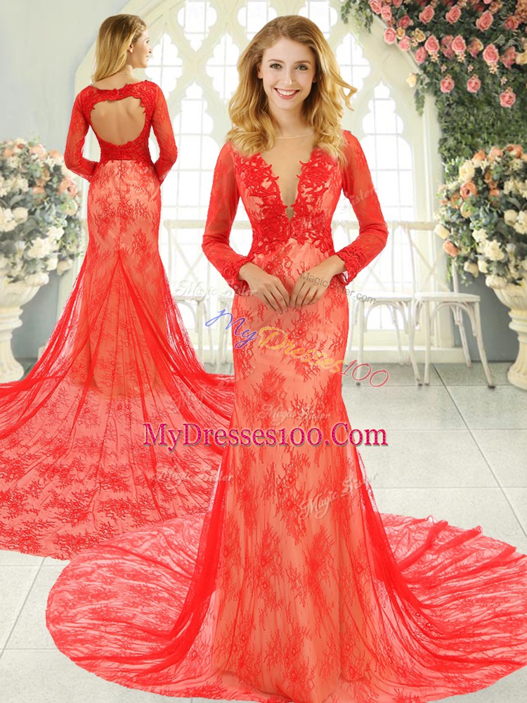 Red Mermaid Scoop Long Sleeves Tulle Court Train Backless Lace Evening Outfits