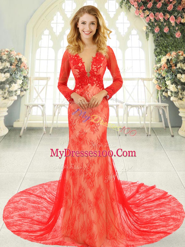 Red Mermaid Scoop Long Sleeves Tulle Court Train Backless Lace Evening Outfits