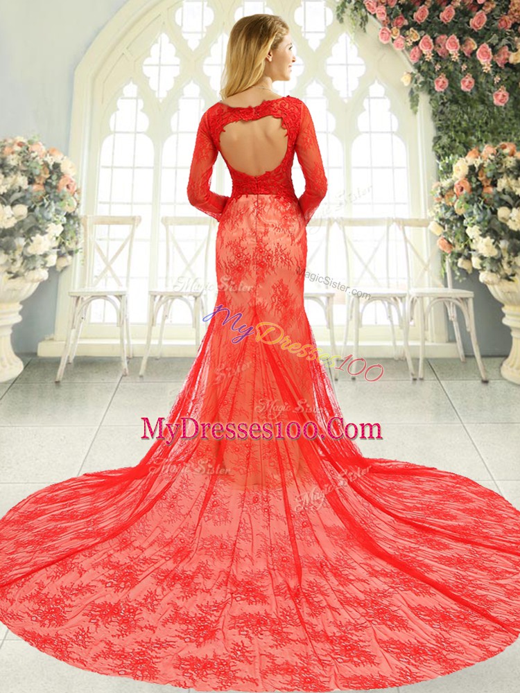 Red Mermaid Scoop Long Sleeves Tulle Court Train Backless Lace Evening Outfits