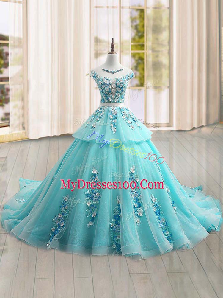 Affordable Tulle Cap Sleeves 15th Birthday Dress Brush Train and Appliques