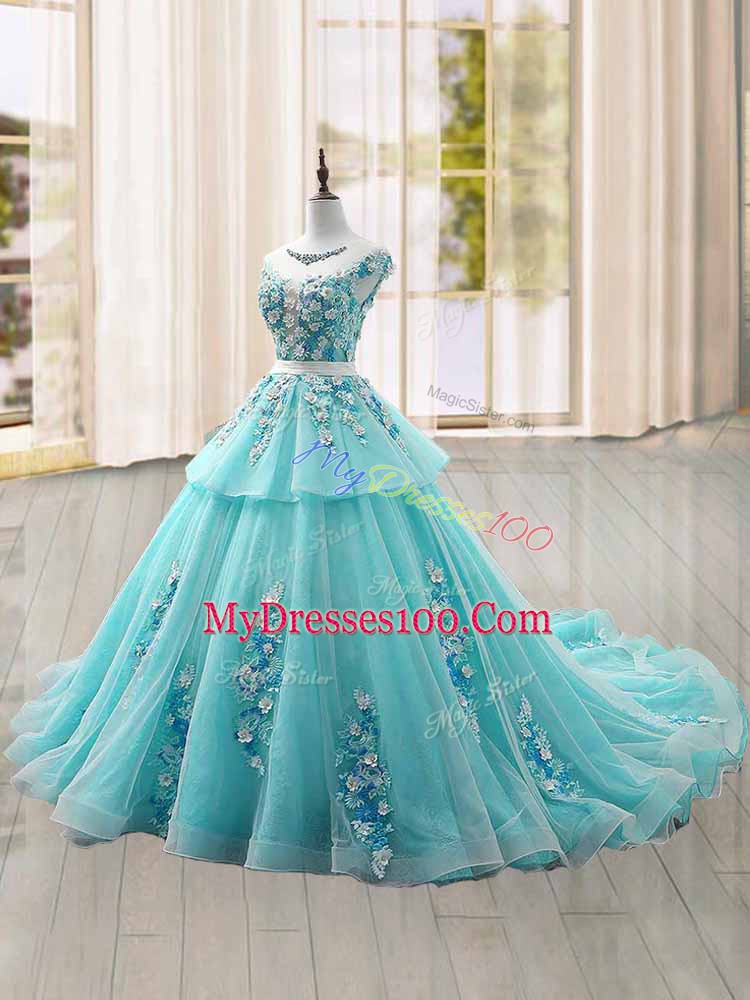 Affordable Tulle Cap Sleeves 15th Birthday Dress Brush Train and Appliques