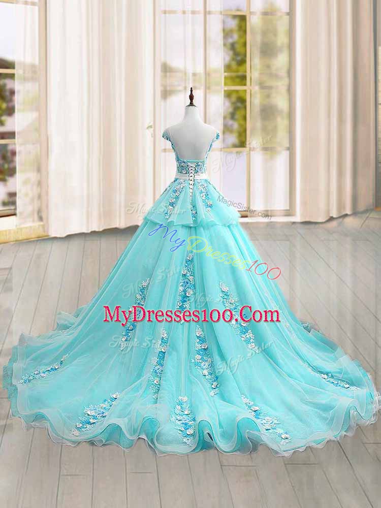 Affordable Tulle Cap Sleeves 15th Birthday Dress Brush Train and Appliques