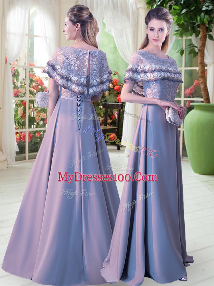 Noble Floor Length Lace Up Evening Dress Grey for Prom and Party with Lace