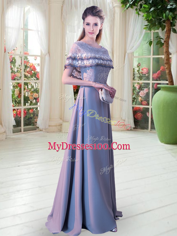 Noble Floor Length Lace Up Evening Dress Grey for Prom and Party with Lace