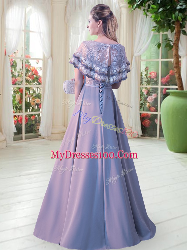 Noble Floor Length Lace Up Evening Dress Grey for Prom and Party with Lace