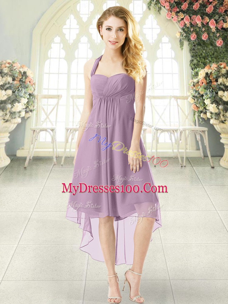 Simple Halter Top Sleeveless Chiffon Evening Dress Ruching Zipper