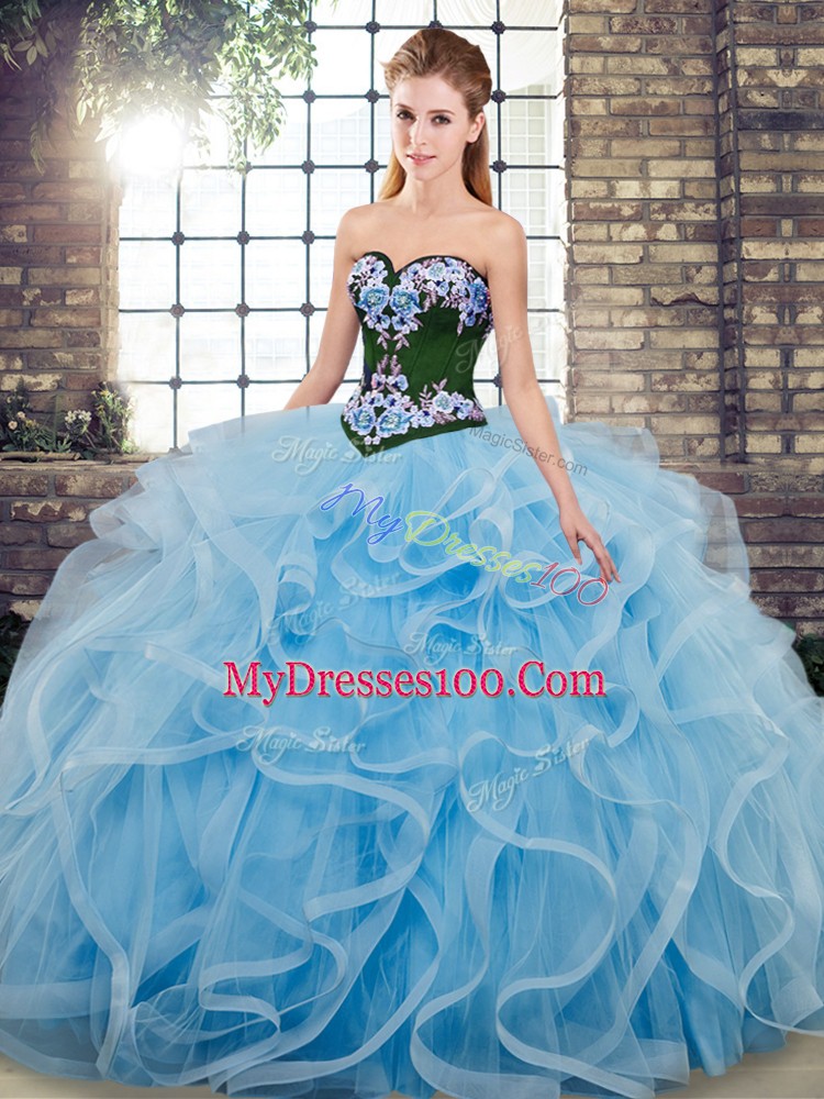 Latest Sleeveless Tulle Sweep Train Lace Up Quince Ball Gowns in Baby Blue with Embroidery