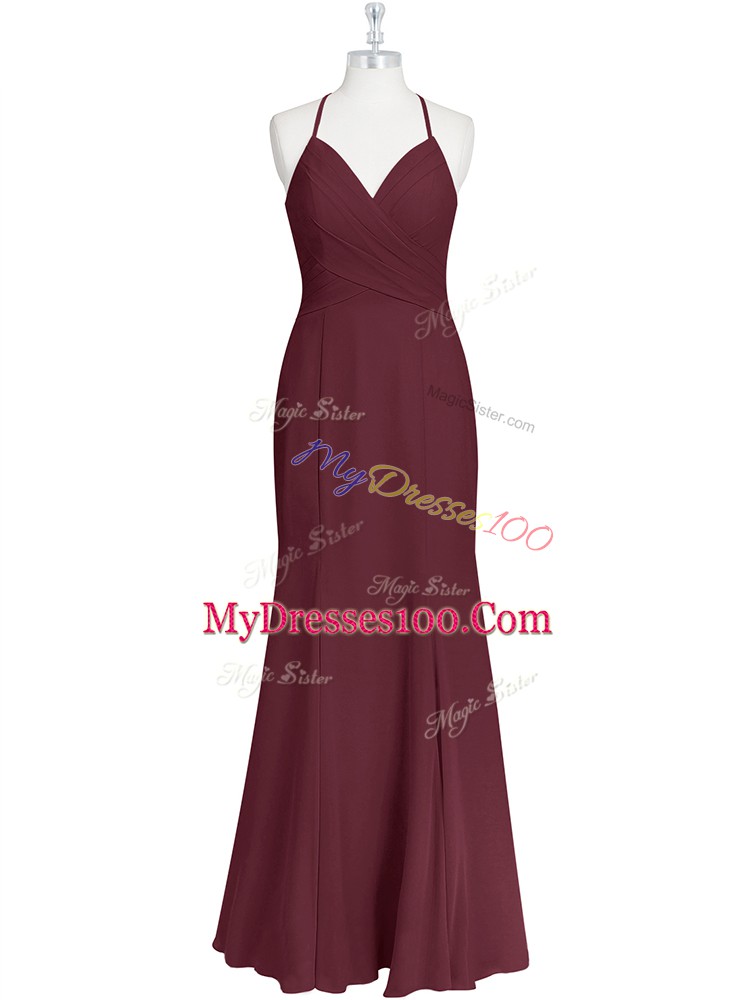 Burgundy Sleeveless Ruching Floor Length Prom Party Dress