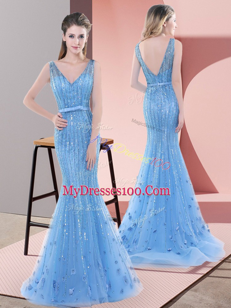 Lovely Baby Blue Mermaid V-neck Sleeveless Tulle Sweep Train Backless Beading and Sequins Prom Party Dress