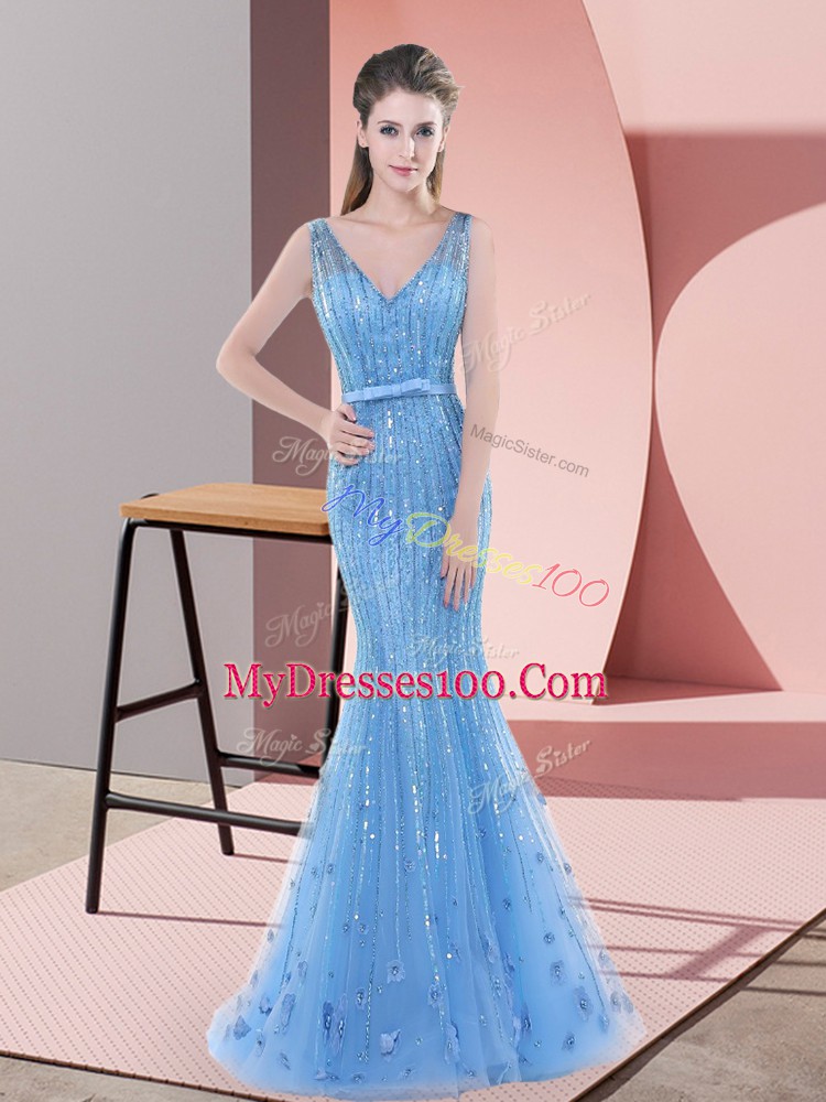 Lovely Baby Blue Mermaid V-neck Sleeveless Tulle Sweep Train Backless Beading and Sequins Prom Party Dress