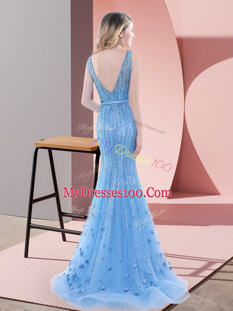 Lovely Baby Blue Mermaid V-neck Sleeveless Tulle Sweep Train Backless Beading and Sequins Prom Party Dress