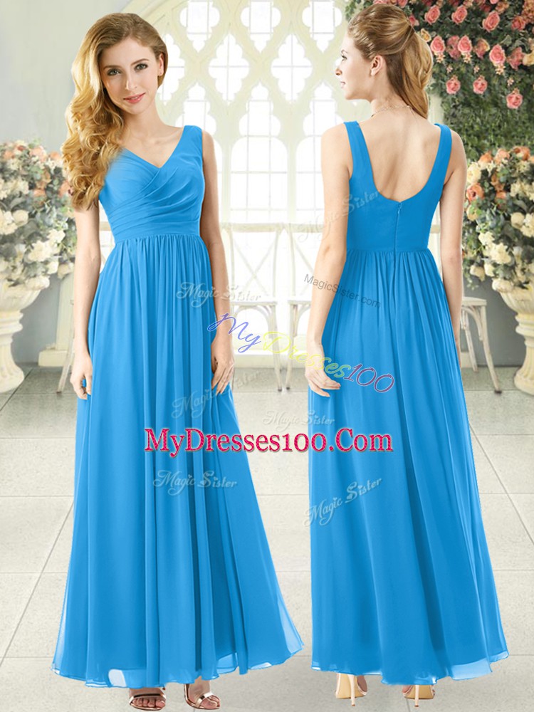 Sleeveless Ankle Length Ruching Zipper Prom Dresses with Blue