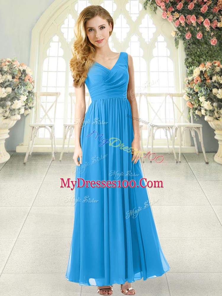 Sleeveless Ankle Length Ruching Zipper Prom Dresses with Blue