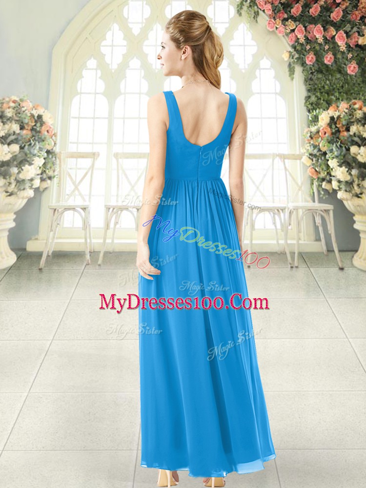 Sleeveless Ankle Length Ruching Zipper Prom Dresses with Blue