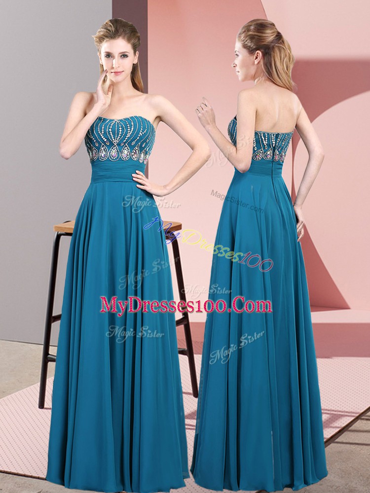Classical Strapless Sleeveless Prom Dress Floor Length Beading Blue Chiffon