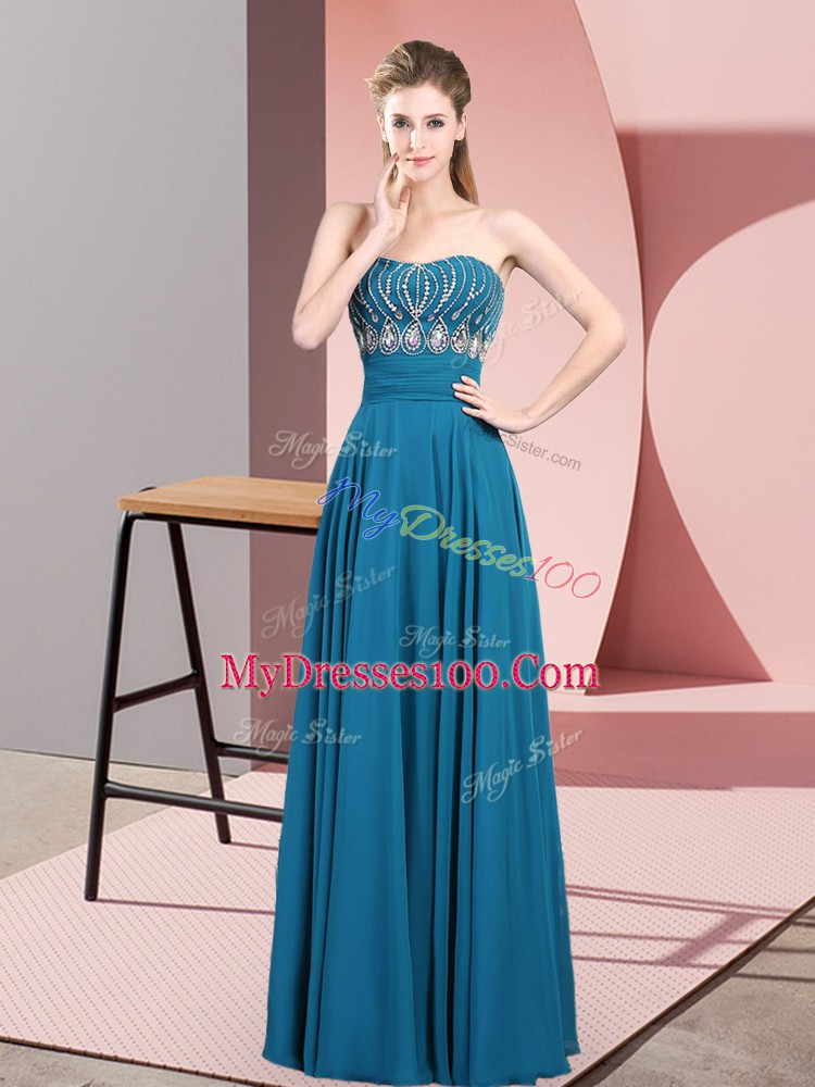 Classical Strapless Sleeveless Prom Dress Floor Length Beading Blue Chiffon