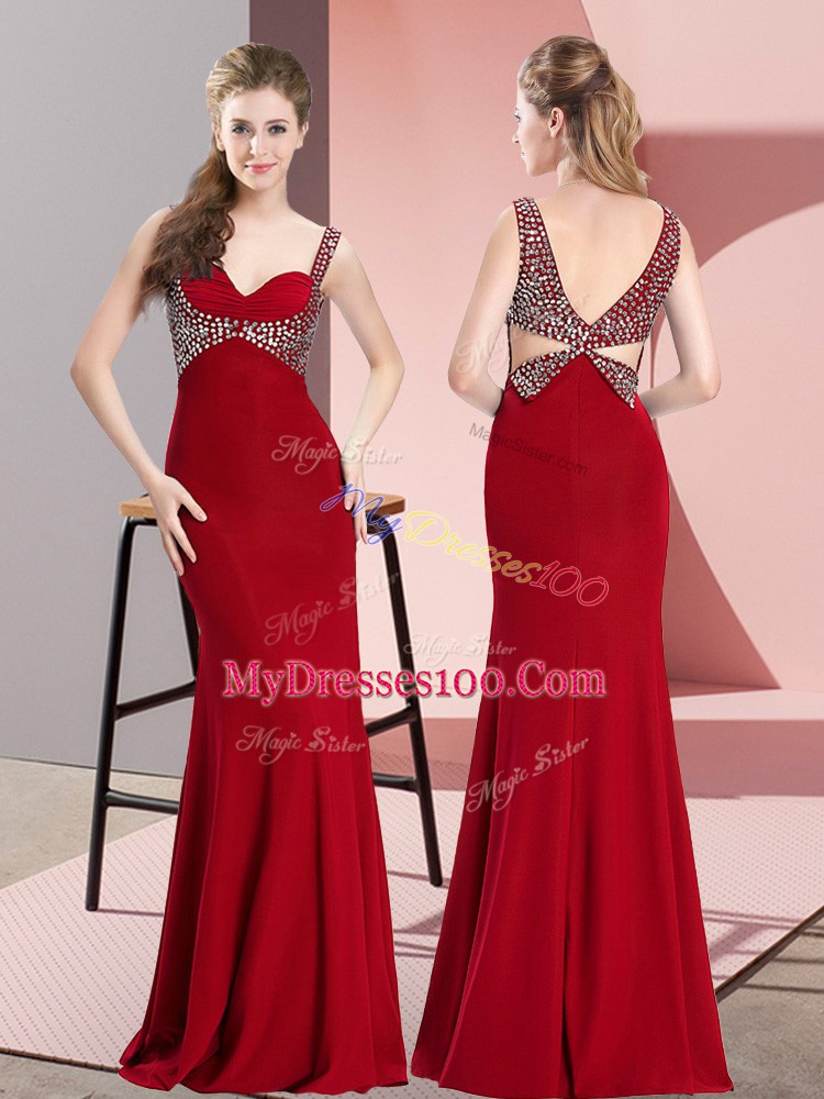 Straps Sleeveless Prom Dress Floor Length Beading Red Chiffon