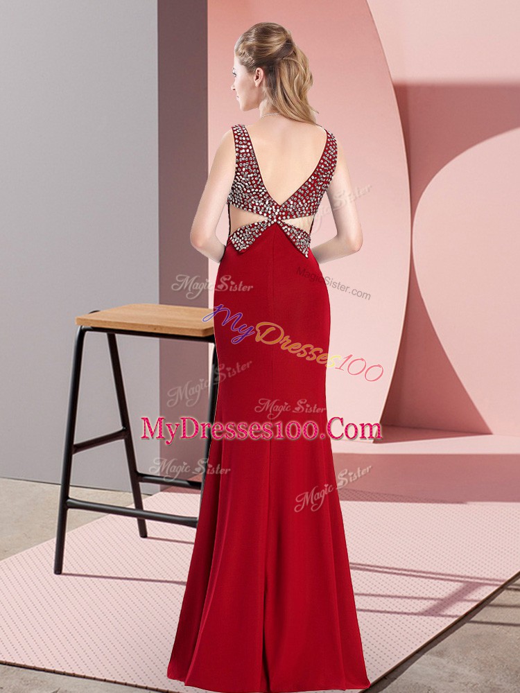 Straps Sleeveless Prom Dress Floor Length Beading Red Chiffon